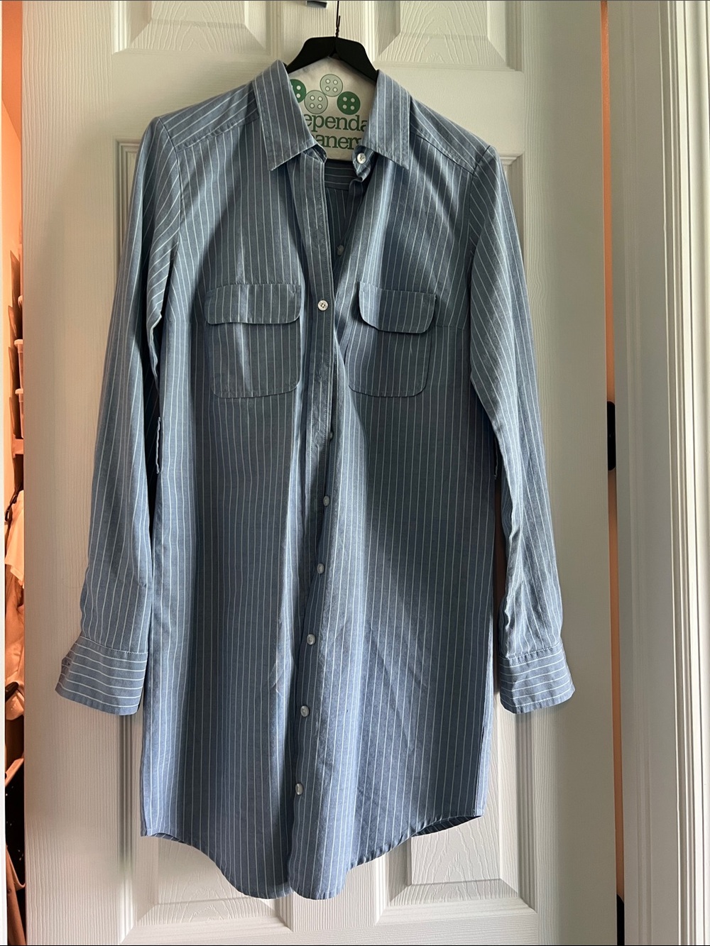 Button-Front Blue Pinstripe Mini Shirt Dress